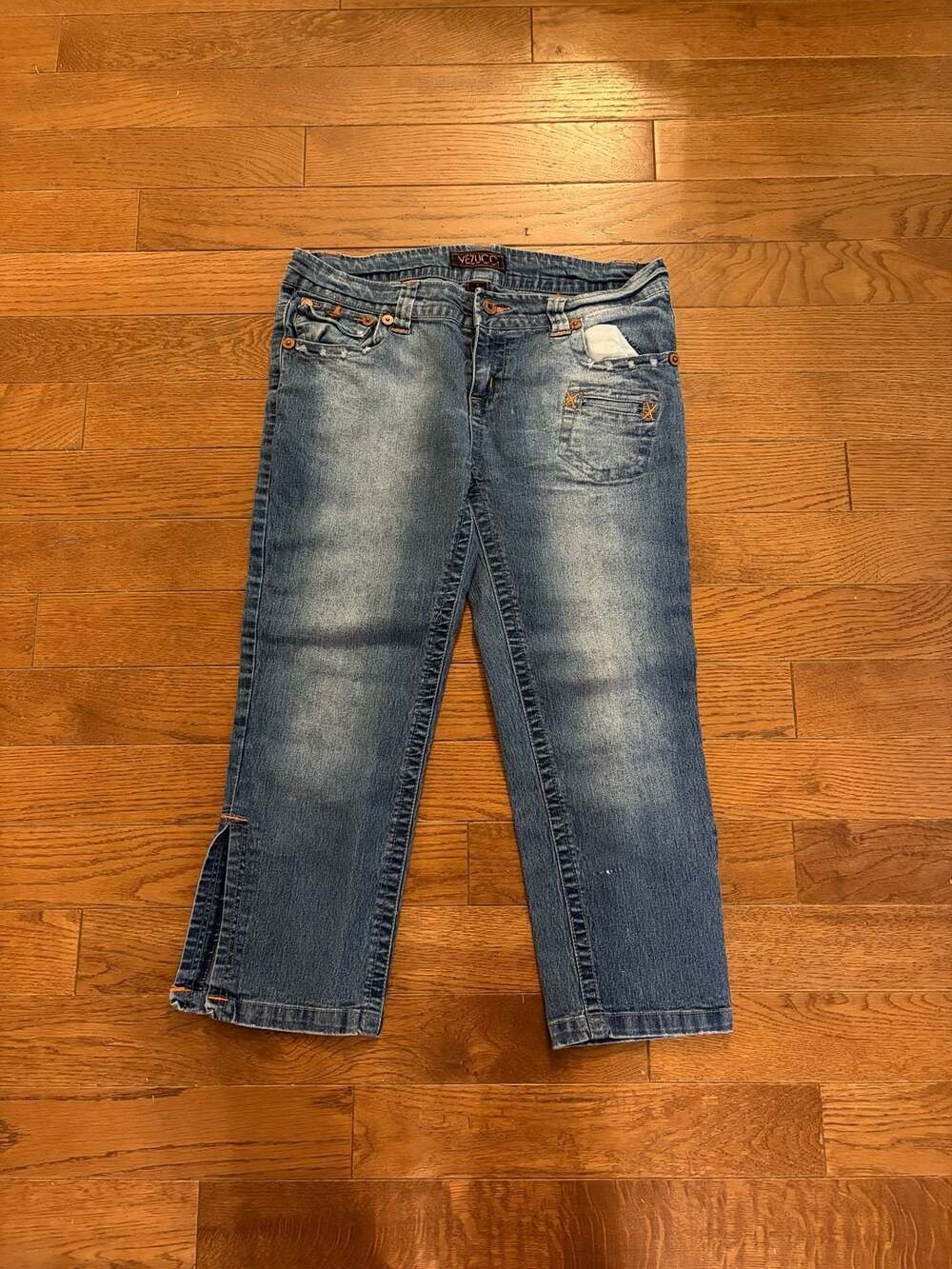 Vezucci Jeans Size 9 Blue Distressed Denim Pants with Orange Stitching